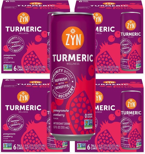 [BRSRMGQRAFYQ4HLO] ZYN Turmeric Wellness dzēriens (24 Iepakojums), Granātāboli Dzērieni ar uzkodām Kurkuma dzēriens ar melniem pipariem, Bez pievienotā cukura, ar zemu ogļhidrātu saturu un ar zemu kaloriju saturu, tīra alternatīva