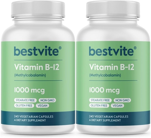 [BRSRMHACOEIBUCYY] BESTVITE B12 bitamina (Methylcobalamin) 1000mcg (480 Vegetarian kapsulak) (2 x 240) (Methyl B12) - Ez Stearates - Vegan - Ez GMO - Gluten Free