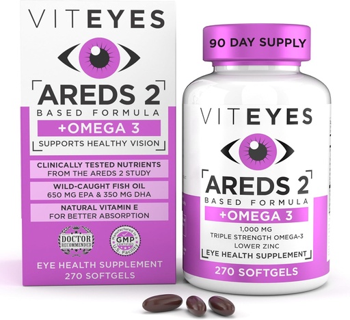 [BRSWIEYFOV7AAA32] Viteyes AREDS 2 + Omega-3 Macular Support Softgels, Plus Triple Strength Omega-3 (650 mg EPA, 350 mg DHA) for Heart Health & Eye Health, Eye Vitamins, Vision Supplement, 270 Softgels