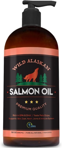 [BRSWGEL2BB6WCC3K] Wild Alaskan Salmon Oil for Dogs, Cats and Pets – 100% Natural Omega-3 Fish Oil Supplement with DHA and EPA Promotes Hip and Joint Function, Healthy Skin and Coat (32 oz)