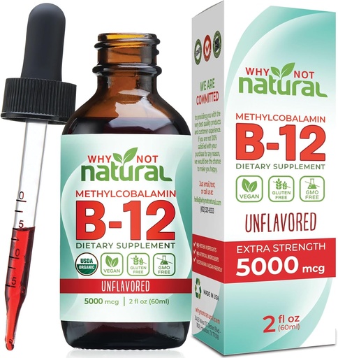 [BRSRMAIZOV6A2HLV] Why Not Natural Organic Vitamin B12 Liquid - Sublingual Extra Strength 60 x 5000 mcg Methylcobalamin Drops, Vegan, Maximize Absorption and Energy