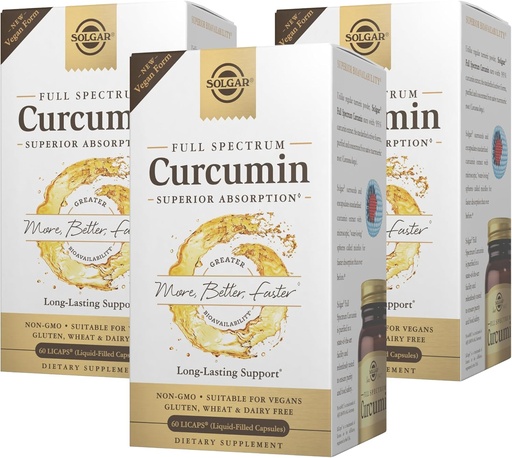 [BRSWECARDMIGMADB] Solgar Spectrum Curcumin - 60 LiCaps, Pachet de 3 - Absorbție superioară - Brain, Joint & Immune Health - Non-GMO, Vegan, Gluten gratuit, lactate gratuit - 180 Serviri totale