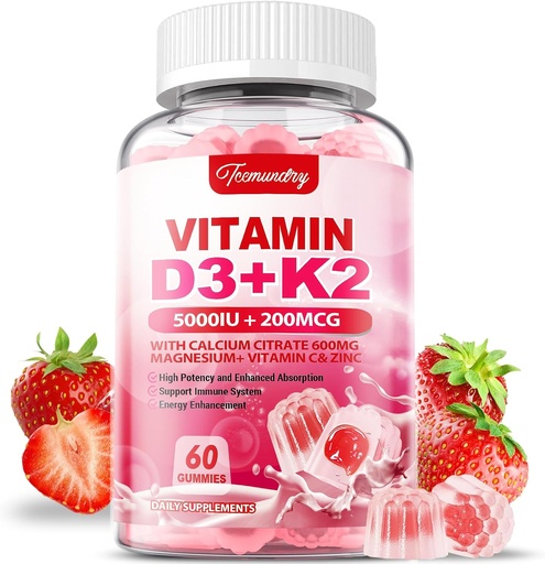 [BRSRAYINO55GCH35] Vitamin D3 K2 Supplement for Adults - Vitamin D3 5000 IU + K2 200 mcg - VIT D3 K2 Gummies with Calcium 600mg Magnesium Zinc & Vitamin C for Women Men - Supports B0ne, Muscle Immune