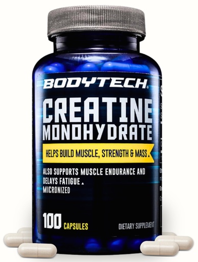 [BRSWGHAZCUNQIHIV] BodyTech Creatine Monohydrate Capsules, Micronized Creatine Formula for Men and Women, 2250 mg per Serving, Pre Workout & Post Workout Supplement, Gluten Free, Sugar Free, 100 Capsules