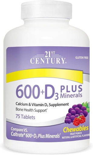 [BRSWIYIQBQJWOCT6] 21st Century Calcium 600 mg +D Plus Minerals Chewable Tablets, 75 Count