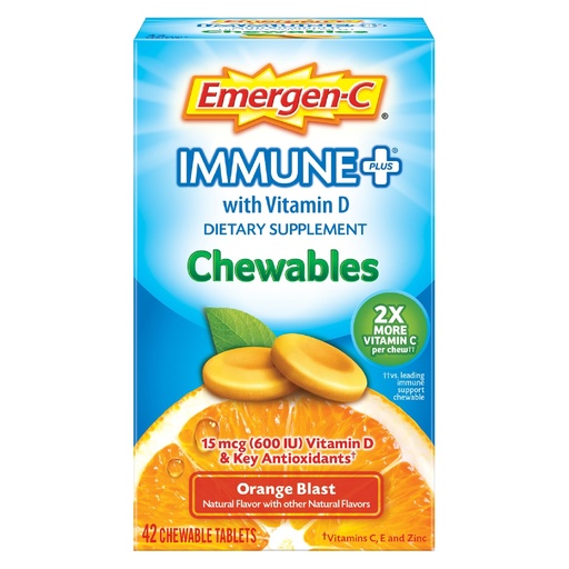 [BRSWKYTYCMCB4FDG] Emergen-C Immune+ Chewables 1000mg Vitamin C with Vitamin D Tablet, Immune Support Dietary Supplement for Immunity, Orange Blast Flavor, Back to School Essentials - 42 Count
