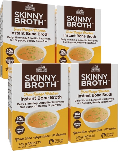 [BRSRAAT4AQCAECTD] COUNTRY FARMS Skinny Broth 7-Day Plan, Instant Chicken Bone Broth, 10G Protein, Collagen Type II, Promotes Better Digestion, Bone Health, 7 Day Plan, 4 Pack, 28-15g Packets