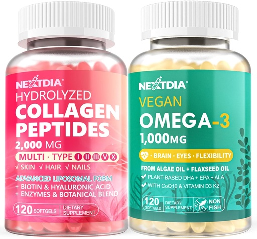 [BRSRAAY2BYGWGHL3] Hydrolyzed Collagen Peptides Pills + Vegan Omega 3 Supplement with Vitamin D3 K2