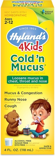 [BRSWIHAHCF5R4HIV] Hyland's Cold Medicine for Kids Ages 2 and up, Cold 'n Mucus Relief Liquid, Natural Relief of Mucus and Congestion, Runny Nose, Cough, 4 Ounces