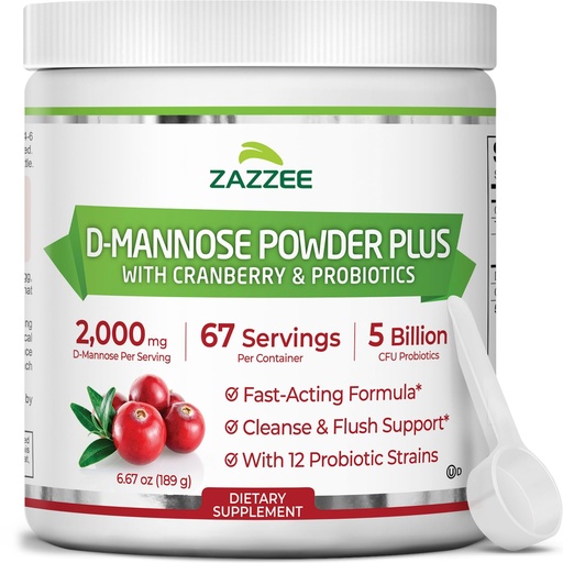 [BRSWKHD7DNYA2G36] Zazzee D-Mannose Powder Plus, 2000 mg, 67 Servings, Plus 5 Billion CFU Probiotics and Pure Cranberry Juice Extract, Certified Kosher, Free Scoop, 6.67 oz, Urinary Tract Support, Non-GMO, All-Natural