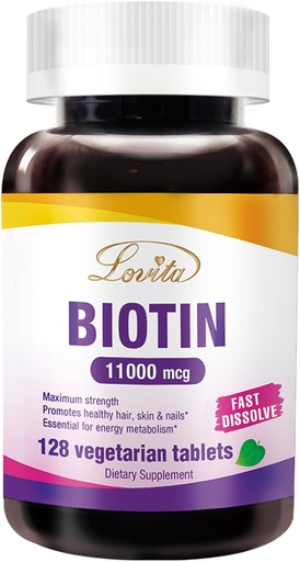 [BRSW2CD3C55GGCI4] LOVITA Maximal Styrka 11.000mcg Biotin: Fast-Dissolving, Vegetariska tabletter - Lätt Absorberad, Gluten & Dairy-Free, 128 Veganvänliga tabletter