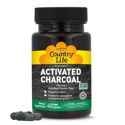 [BRSWIY3YPN6AY23Y] Country Life Coconut Activated Charcoal Capsules, 260mg – Natural Charcoal Supplement for Gas and Bloating Relief - Gluten-Free, 40 Vegan Capsules