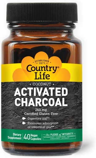 [BRSWIY3YPN6AY23Y] Country Life Coconut Activated Charcoal Capsules, 260mg – Natural Charcoal Supplement for Gas and Bloating Relief - Gluten-Free, 40 Vegan Capsules
