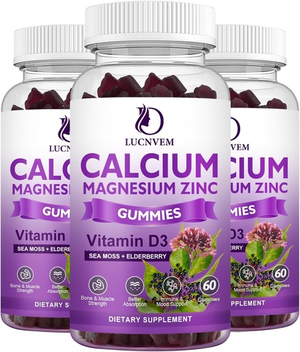 [BRSROHABOJ6GGCLO] Calcium Magnesium Zinc Gummies witn Elderberry and Sea Moss, Calcium Magnesium 2:1, Contains Magnesium Glycinate, Vitamin D3, for Bones, Muscles, Calm Mood & Sleep Support, 60 Gummies(3 Packs)