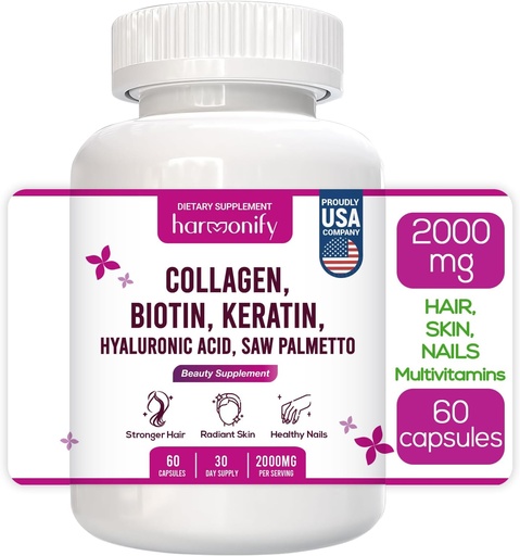 [BRSRAYL4CABBUCD5] Collagen Biotin Keratin Hyaluronic Acid Complex Supplement with Vitamin E, Folic Acid, Pumpkin Seed and MSM, 60 Capsules, 1000 mg