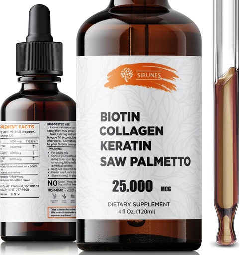 [BRSROHYEBAHQ2A33] Liquid Biotin and Collagen – Hair, Skin & Nails Supplement with 10,000 mcg Collagen, 5,000 mcg Biotin, 5,000 mcg Keratin & Saw Palmetto – Made in USA, 4 fl oz