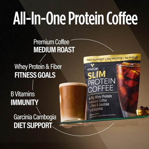 [BRSROAQ5AANG22DU] VitaCup Slim Protein Coffee Shake for Diet Support, Instant Coffee w/Whey Protein Powder, B Vitamins & Fiber, Dietitian Developed for Performance and Taste, Make as Iced Coffee or Shake, 20 Servings