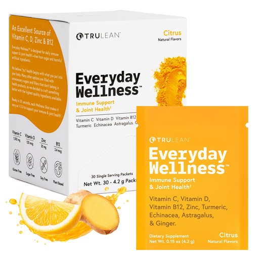 [BRSROGIRDEPGAA3B] TRULEAN Everyday Wellness Shot Powder | Immune Support Drink Mix with Vitamin C, Ginger, Turmeric & Electrolytes | 0 Sugar, Gluten Free | 30 Packets