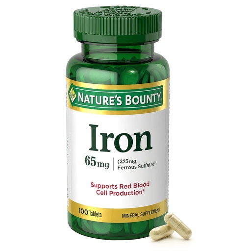 [BRSWIZAYCINQ223C] Nature’s Bounty Iron 65mg, 325 mg Ferrous Sulfate, Cellular Energy Support, Promotes Normal Red Blood Cell Production, 1 Serving Per Day, Gluten Free, 100 Vegetarian Tablets