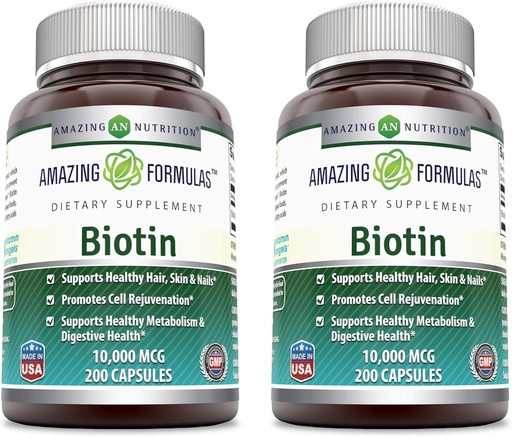 [BRSWYBIBPN5RMGY4] Amazing Formulas Biotin 10000 mcg Veggie Capsules | Vitamin B7 Supplement | Non-GMO | Gluten Free | Made in USA (200 Count | 2 Pack)