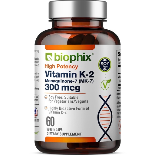 [BRSWKZAMBEHA4DTO] biophix Vitamin K2 MK-7 300mcg, 60 Vegan Capsules – High-Potency Supplement for Bone Strength and Immune Health