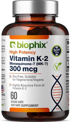 [BRSWKZAMBEHA4DTO] biophix Vitamin K2 MK-7 300mcg, 60 Vegan Capsules – High-Potency Supplement for Bone Strength and Immune Health