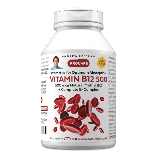 [BRSWKHYQAANR42A6] ANDREW LESSMAN Vitamin B12 500 180 Capsules - Absorption-Protected Methylcobalamin (Natural Coenzyme Vitamin B12), Essential for Energy and Stress Support, Plus B-Complex, Easy to Swallow Capsules