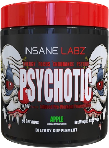 [BRSW2HAFAUPGE3A6] Insane Labz Psychotic, High Stimulant Pre Workout Powder, Extreme Lasting Energy, Focus and Endurance with Beta Alanine, Creatine Monohydrate DMAE, 35 Srvgs (Apple)