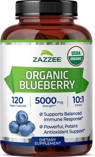 [BRSWGFI7CMBGAADG] Zazzee USDA Organic Blueberry 10:1 Extract, 5000 mg Strength, 120 Vegan Capsules, 4 Month Supply, Concentrated and Standardized 10X Whole Fruit Extract, 100% Vegetarian, Non-GMO, Made in The USA