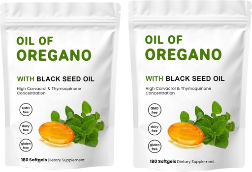 [BRSRAHAQDNYRE2DU] 2 Packolja av Oregano Softgels, 2 i 1 Olja av Oregano med Black Seed Oil 200mg, Gluten Free