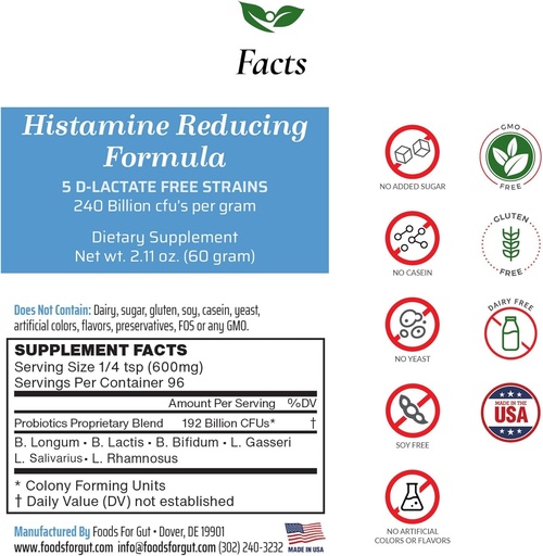 [BRSWYAQPAQCBEA3K] Foods For Gut Histamine & D Lactate Free Probiotics Powder 240 milijarda CFU 