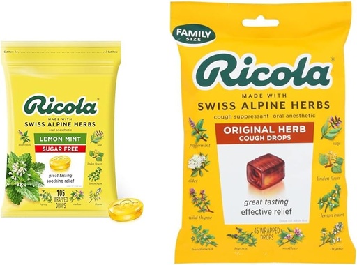 [BRSROBL3DJYG2DQV] Ricola Sugar Free Lemon Mint Herbal Cough Suppressant Throat Drops, 105ct Bag & Original Natural Herb Cough Suppressant Throat Drops, 45 Drops, Fights Coughs Naturally