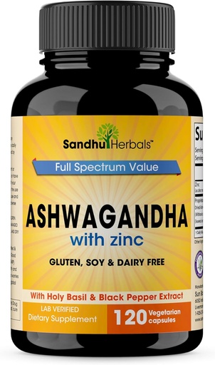 [BRSWYZI3OIHBS2TG] SANDHUHERBALS Sandhu Herbals Ashwagandha Suplemento perpetua 120 Orgánica 4 en 1 cápsulas, 2 Meses Abandonar con Zinc, Black Pepper & Holy Basil Extract soporta Immune Health permanente Non-GMO