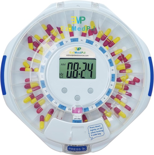 [BRSRAGIPBMDRAETA] EziMedPil Automatic Pill Dispenser for Elderly " Alzheimer’s Care w/Audio ' Visual Alerts, up to 6 Alarms/Day, easy-Read LCD Display, 6 Dosage Templates, Lock Key for Vitamins, Clear Lid