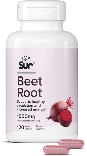 [BRSROBAHCMNQMH35] Sur Organic Beet Root Capsules 1000mg - Supports Healthy Circulation and Increased Energy - Nitric Oxide Superfood (120 Capsules)