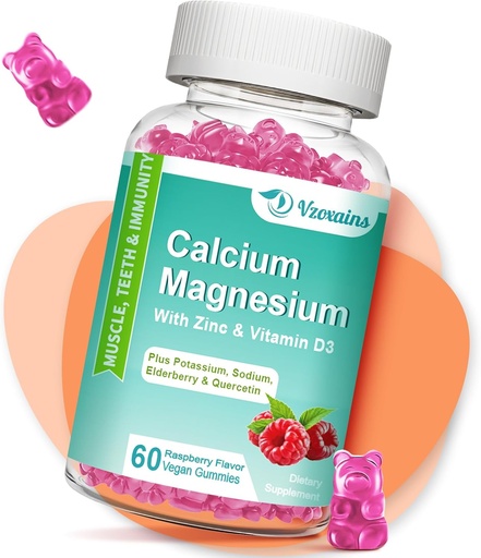 [BRSROCY2CUJWCYD5] High Absorption Calcium Gummies, Calcium Magnesium Zinc with Magnesium Glycinate, Potassium, Vitamin D3 for Women & Men- Raspberry Flavored 60 Cts