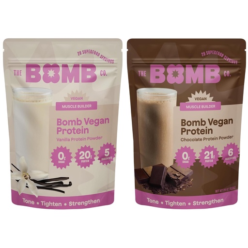 [BRSRABA6CNYB63T3] Blender Bombs The Bomb Co. Bomb Plant Protein, Chocolate & Vanilla Protein Powder with 21g Protein, Amino Acids, Zero Sugar, Pea Protein, Cocoa, Chia Seeds, Vanilla & Monk Fruit, 40 Srvgs