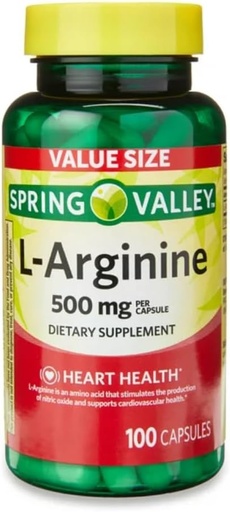 [BRSRAYY6OANBQDQ3] Generisk Spring Valley L'Arginine Amino hjerte Helse Supplement Kapsler, 500 mg, verdi, 100 greve + 1 Mini Pill Container (Style & Farge Varies)