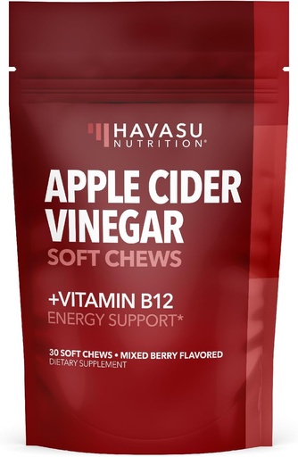 [BRSRMAQDCACWKFDG] Apple Cider Vinegar Chews with Vitamin B12 and Folate - Convenient ACV Supplements for Energy and Digestive Health - 30 Count - Individually Wrapped - Mixed Berry Flavor, Vegan - 1 Month Supply