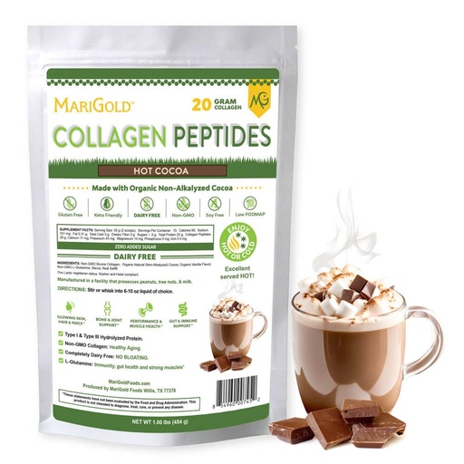 [BRSROADRCJYWKADD] MariGold Grass-fed Collagen Peptides Powder Hot Cocoa 1LB - 100% Pure, Type I & III Bovine Hydrolyzed Collagen, Non-GMO, Hormone Free, Soy Free, Gluten Free, Dairy Free, Keto-Friendly