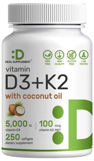 [BRSROCAPDJ6BY23H] DEAL SUPPLEMENT Vitamin D3 5,000 IU + K2 MK7 100mcg Softgels | 2-in-1 Complex with Virgin Coconut Oil | Supports Heart, Bone, Teeth & Immune Health | Easy to Swallow