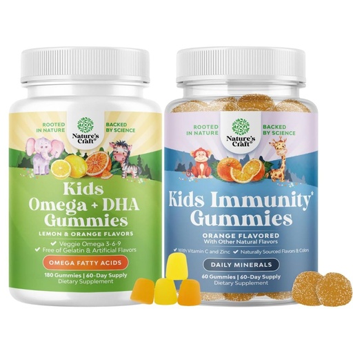 [BRSRAZD2PMBWODYY] Bundle of Omega DHA Gummies for Kids - Fatty Acids Omega 3 6 9 with Vitamin C for Brain, Immunity & Vision and Kids Immunity Support Gummies - Delicious Vitamin C with Zinc & Echinacea Immune Booster