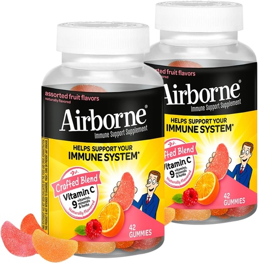 [BRSWIHL2BIFRE23A] Airborne 750mg Vitamin C Imune Support Gummies for Adules, Asported Fruit, Gluten Free Crafted Blend dengan powerful Antioksidants Vitamin A C & E, 42 Gummies (2 Pack)
