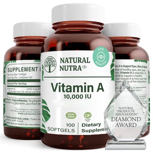 [BRSWYA35BMMAYADZ] Natural Nutra Vitamin A 10,000 IU Softgels – High Potency Eye and Skin Vitamins – Gluten-Free - Supplement for Sight & Skin Health – Fish Liver Oil for Men and Women, Gluten Free 250 Softgels (2 Pack)