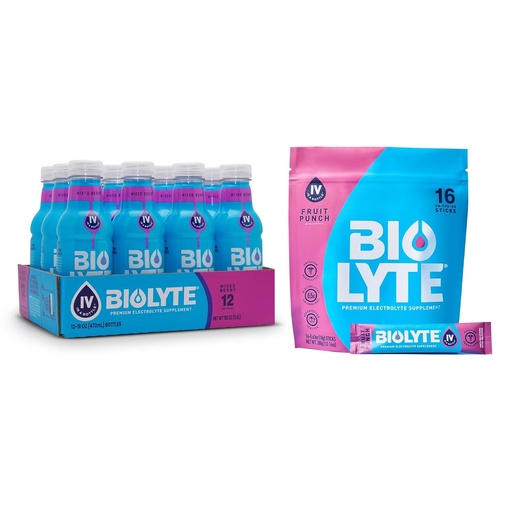 [BRSRA233C55AYA37] BIOLYTE Electrolyte Drink & IV Hydration Drink Mix - Doctor-Formulated FSA & HSA Electrolytes Liquid, Rehydration Powder Packets, Chemotherapy Must Haves for Women & Men - Berry, 12 Bottles, 16 Sticks