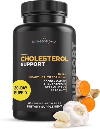 [BRSRM2Q6BMHQI23U] Livingood Daily Choleesterol Suplement with Cesnak, CoQ10, Vitamín E, Bergamot, Plant Sterols for Body and Heart Health Support, Supports LDL and Triglyceridy, Gluten Free, Vegan, 60 Kapsule