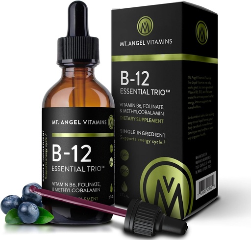 [BRSWECQ6BUCAOCDO] Mt. Angel Vitaminas - B12 Essential Trio - Vegan Sublingual Drops com alta potência Metil B12, B6 & Folato - Fácil Absorção Liquid - Não-GMO, Made in USA