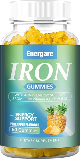 [BRSRAFL7CAHAK3D3] 1 Pack 100Mg Iron Supplement Gummies for Women & Men - Vitamin A, C, B - Energy Support for Iron Deficiency, Anemia, Adults ＆Children, Pineapple Flavor Gummy, 60 Counts