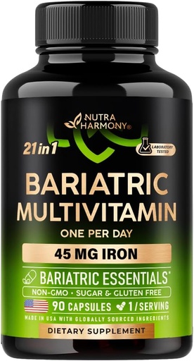 [BRSRAZYYDMFWCCTH] NUTRAHARMONY Bariatric Multivitamin - 45 mg Iron Supplements - Made in USA - for Women & Men - All-in-One, 21 Essential Vitamins - Gastric Sleeve Support - Light Tropical Flavor - 90 Capsules