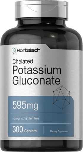 [BRSW2GT6CV6ROHYU] Horbäach Chelated Potassium Gluconate Supplement | 595 mg | 300 Caplets | Vegetarian, Non-GMO, Gluten Free